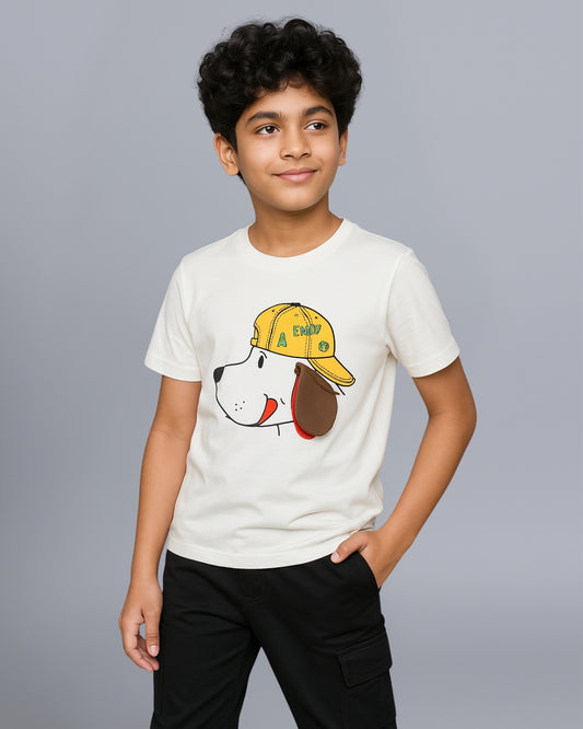 Puppy Printed Premium Cotton Half Sleeves White T-Shirt with Black Jogger for Boys