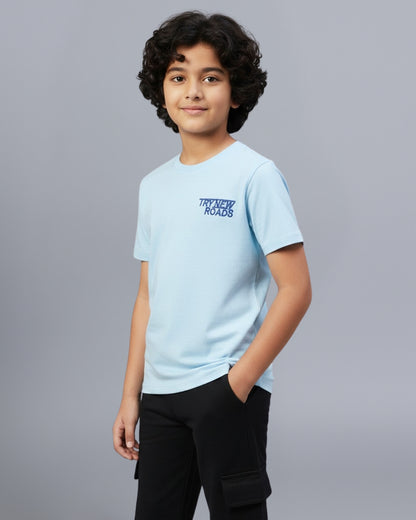 Typographic Printed Premium Cotton Half Sleeves Blue T-Shirt with Black Jogger for Boys