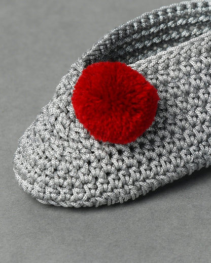 Grey Handmade Pom Pom Crochet Booties for Girls