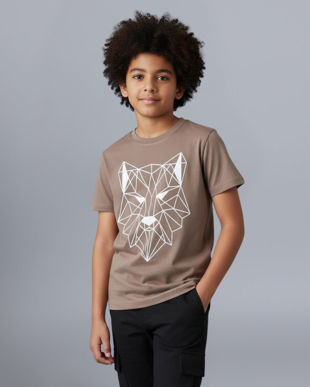 Tiger Printed Premium Cotton Half Sleeves Brown T-Shirt with Black Jogger for Boys