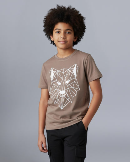 Tiger Printed Premium Cotton Half Sleeves Brown T-Shirt with Black Jogger for Boys