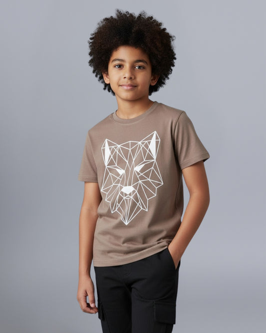 Tiger Printed Premium Cotton Half Sleeves Brown T-Shirt with Black Jogger for Boys