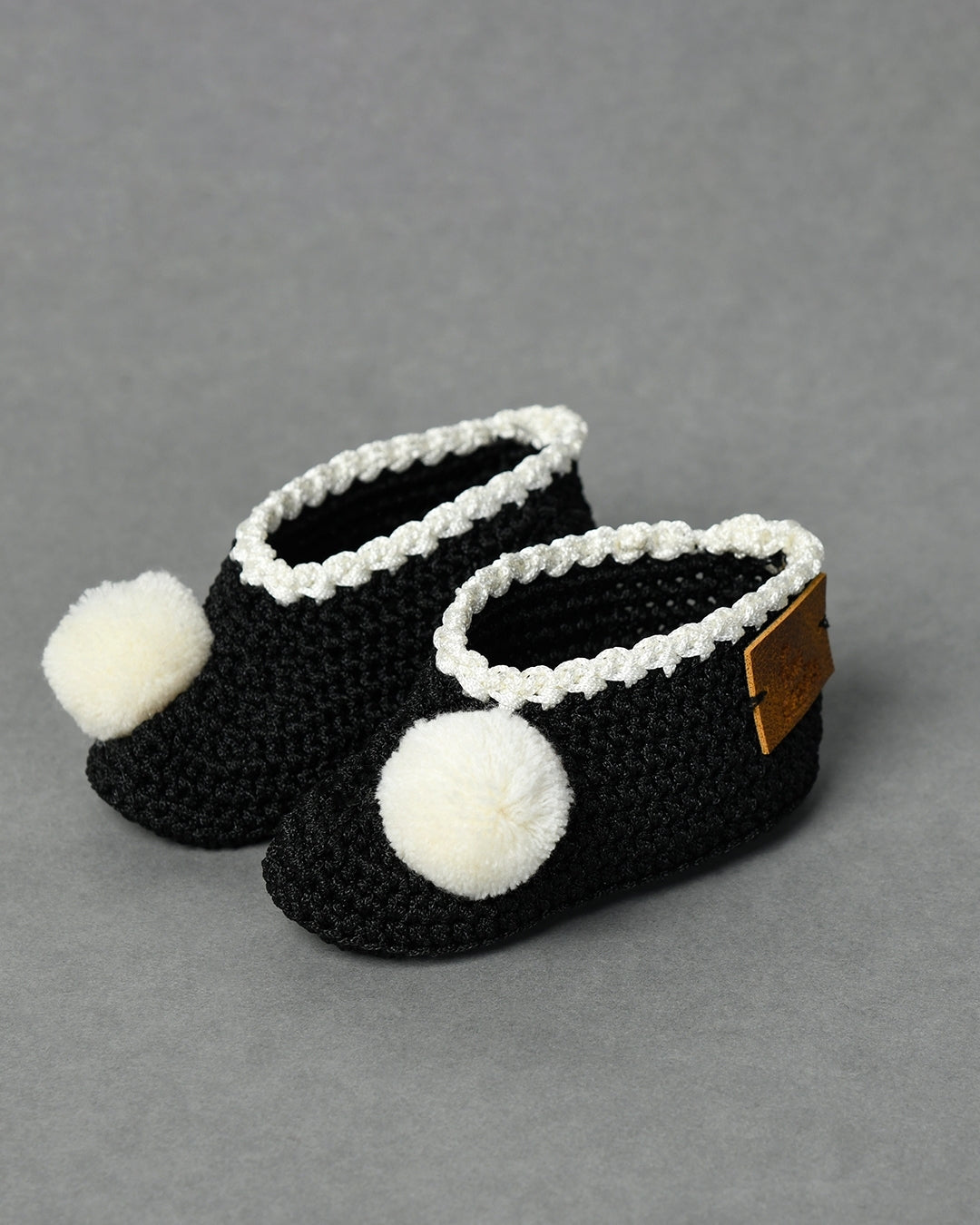 Black Handmade Pom Pom Crochet Booties for Girls