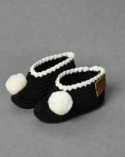 Black Handmade Pom Pom Crochet Booties for Girls