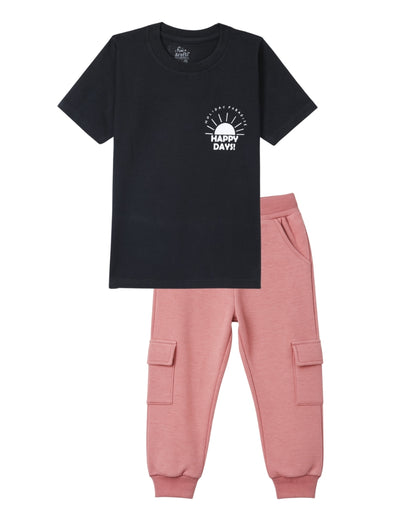 Puppy Printed Premium Cotton Half Sleeves White T-Shirt with Pink Jogger for Boys & Girls