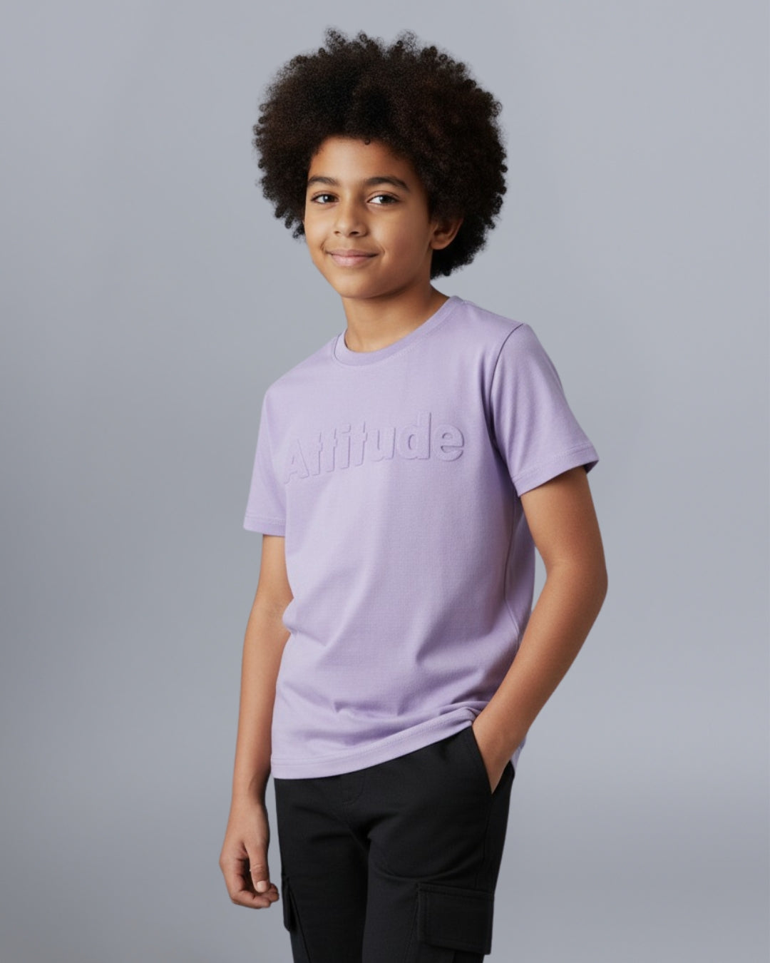 Typographic Printed Premium Cotton Half Sleeves Purple T-Shirt with Black Jogger for Boys