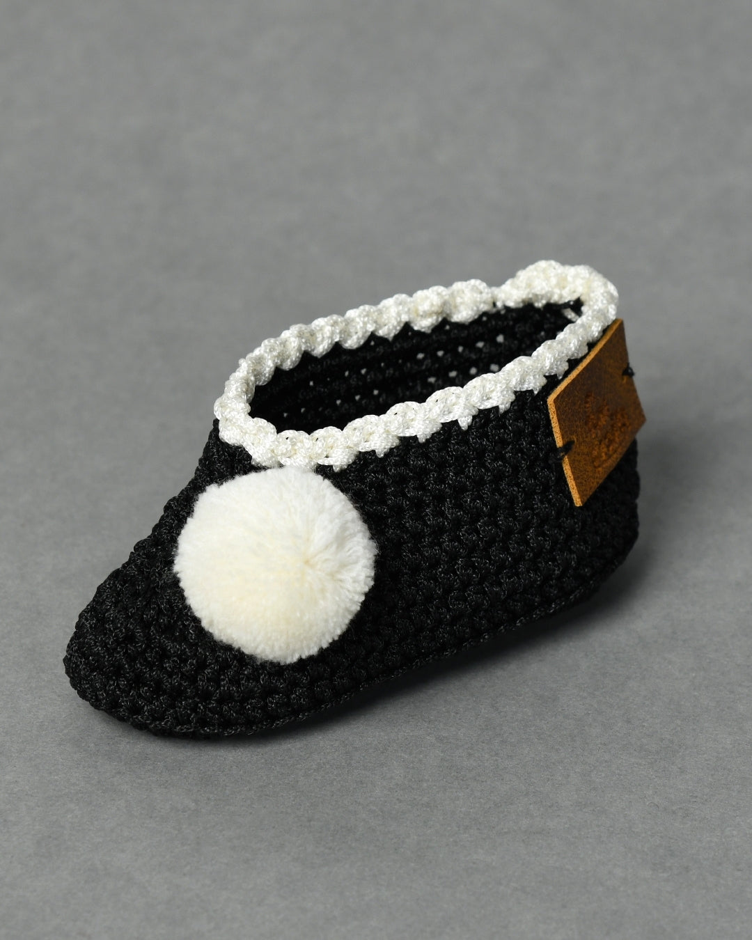 Black Handmade Pom Pom Crochet Booties for Girls