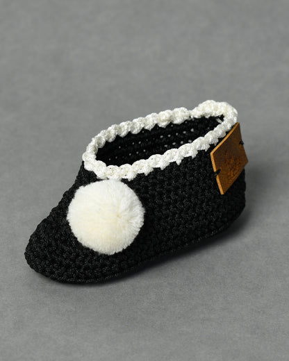 Black Handmade Pom Pom Crochet Booties for Girls