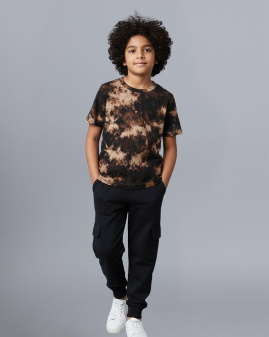 Brown Tie & Dye Printed Premium Cotton T-Shirt & Jogger Set for Boys