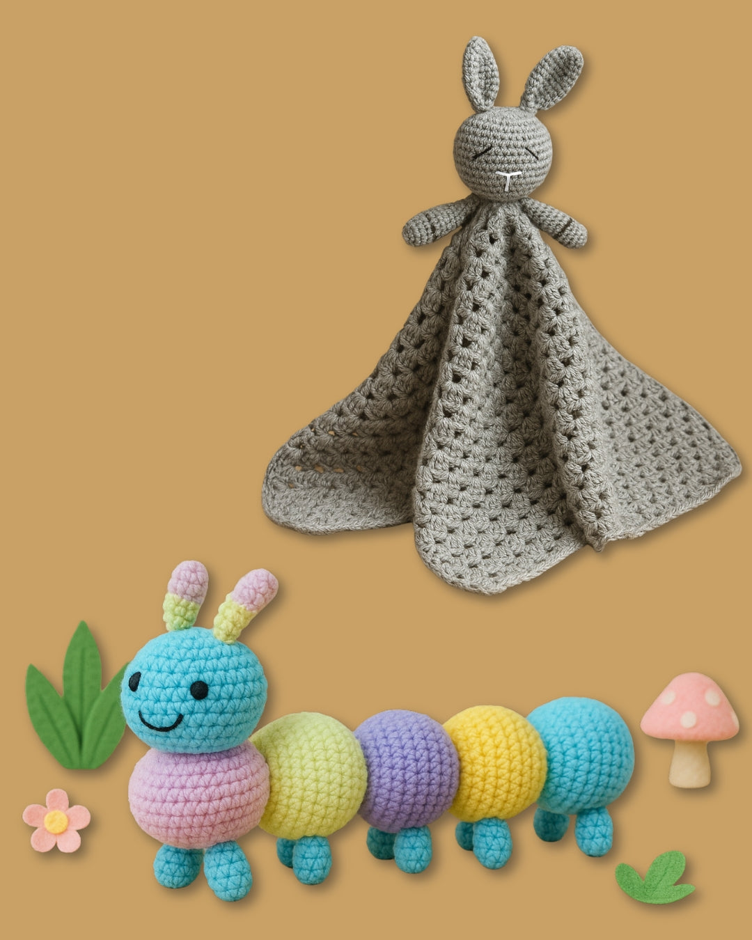 Handmade Crochet Cate the Caterpillar Toy and Bugs Bunny Safety Blanket Set for Babies Soft and Safe