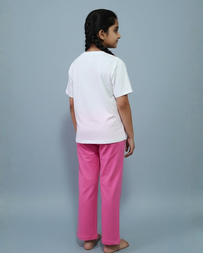 Bow Printed Premium Cotton Full Sleeves White T-Shirt with Pink Pyjama for Girls