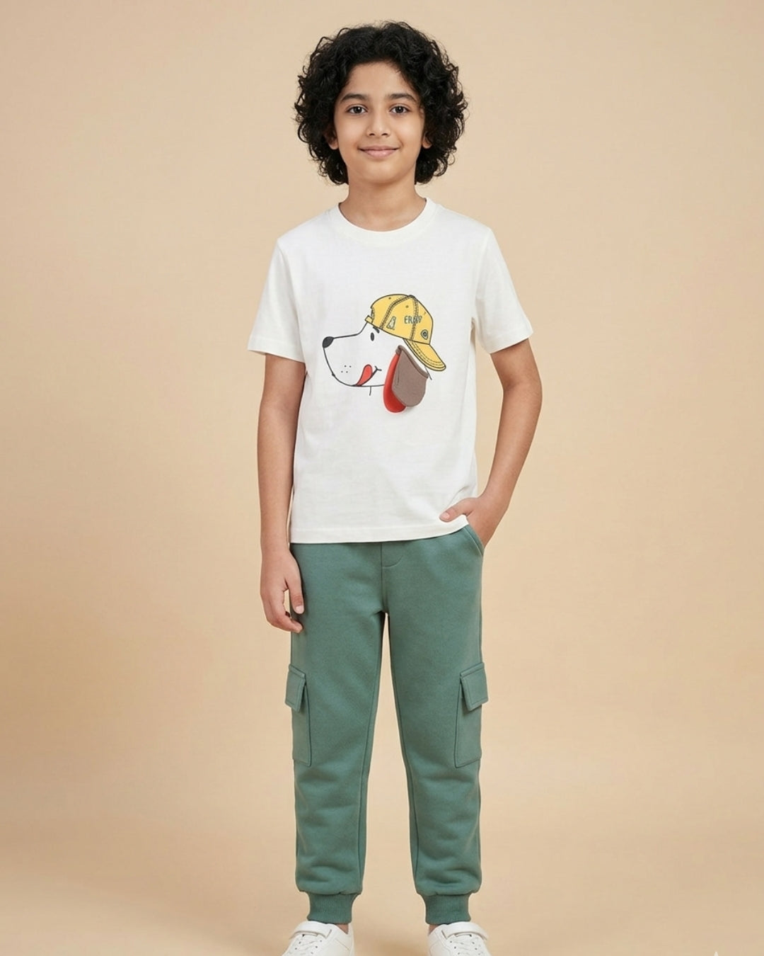 Puppy Printed Premium Cotton Half Sleeves White T-Shirt with Green Jogger for Boys