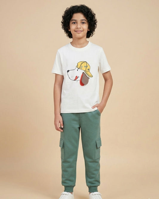 Puppy Printed Premium Cotton Half Sleeves White T-Shirt with Green Jogger for Boys