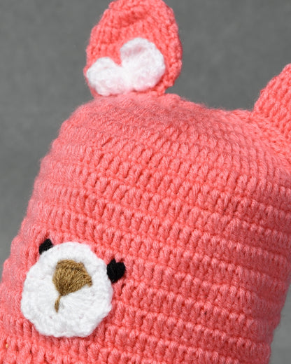 Pink Self Design Beanie Handmade Knitted Woollen Cap for Girls