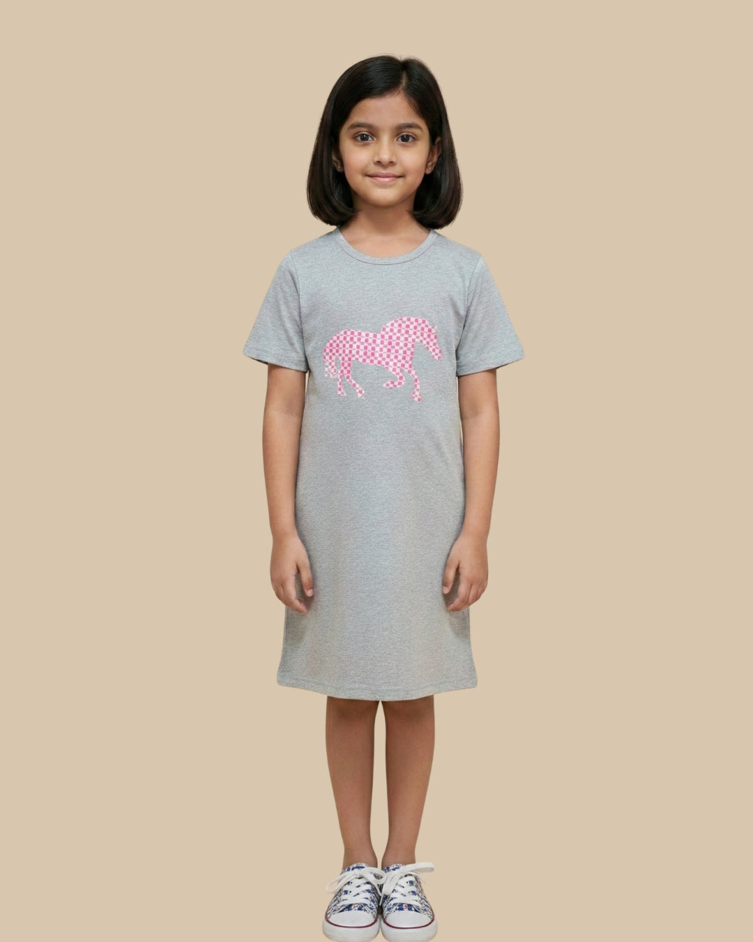 Grey Horse Printed Cotton Night Dress for Girls