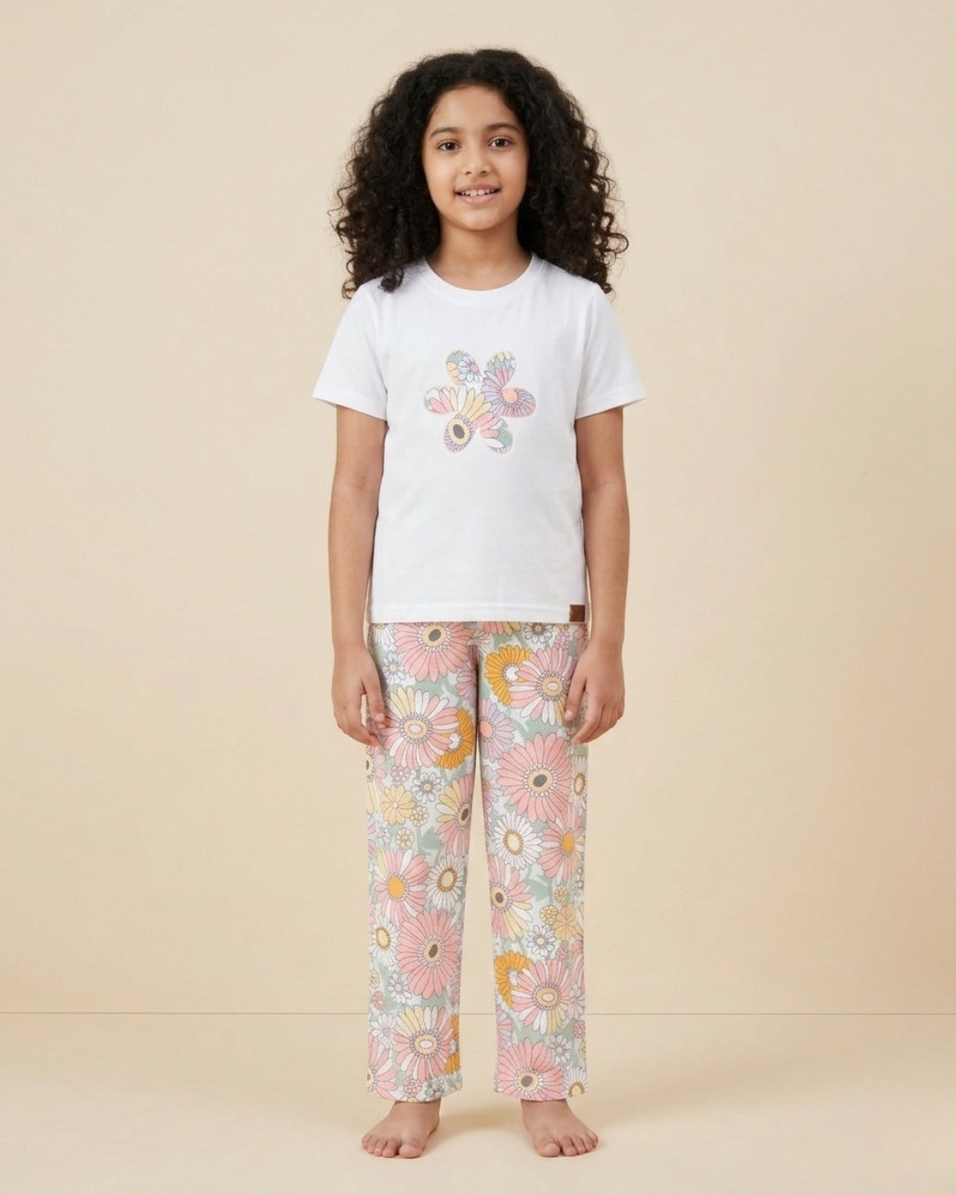 Floral Printed Premium Cotton Half Sleeves White T-Shirt with Multicolor Pyjama for Girls