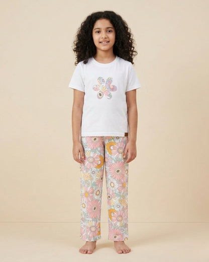 Floral Printed Premium Cotton Half Sleeves White T-Shirt with Multicolor Pyjama for Girls