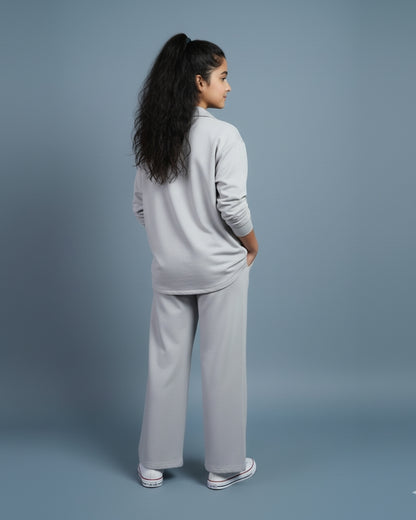 Blueish Grey Premium Cotton Full Sleeves Solid Lapel Collar Clothing Set for Girls