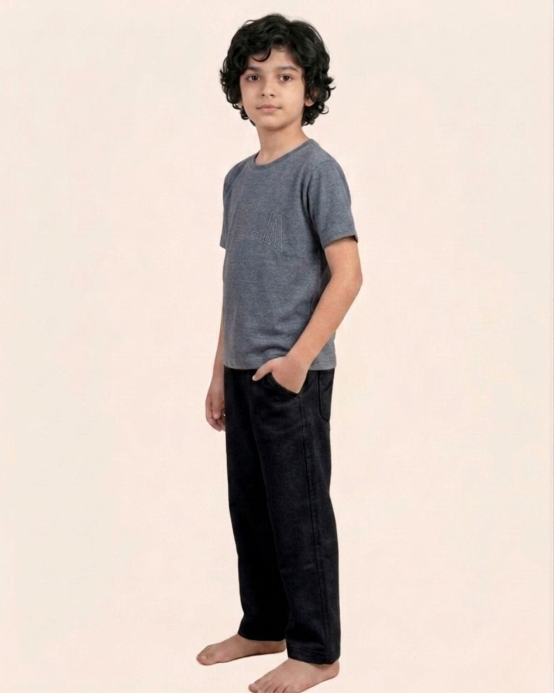 Navy Blue Stone Wash Solid T-Shirt with Black Bottom for Boys