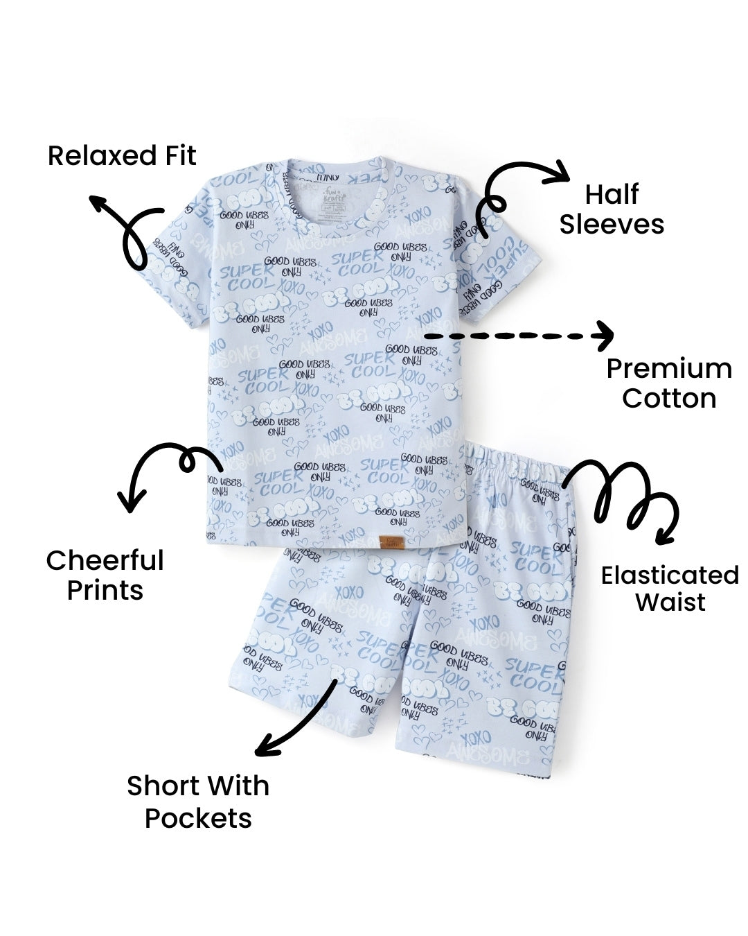 Blue Super Cool Printed Premium Cotton T-Shirt & Shorts Set with Pocket for Girls & Boys