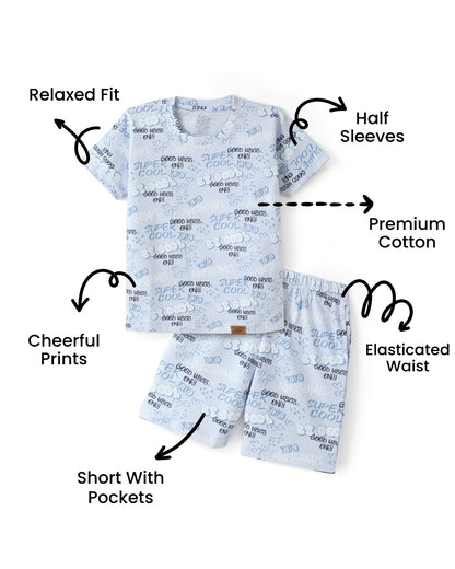 Blue Super Cool Printed Premium Cotton T-Shirt & Shorts Set with Pocket for Girls & Boys