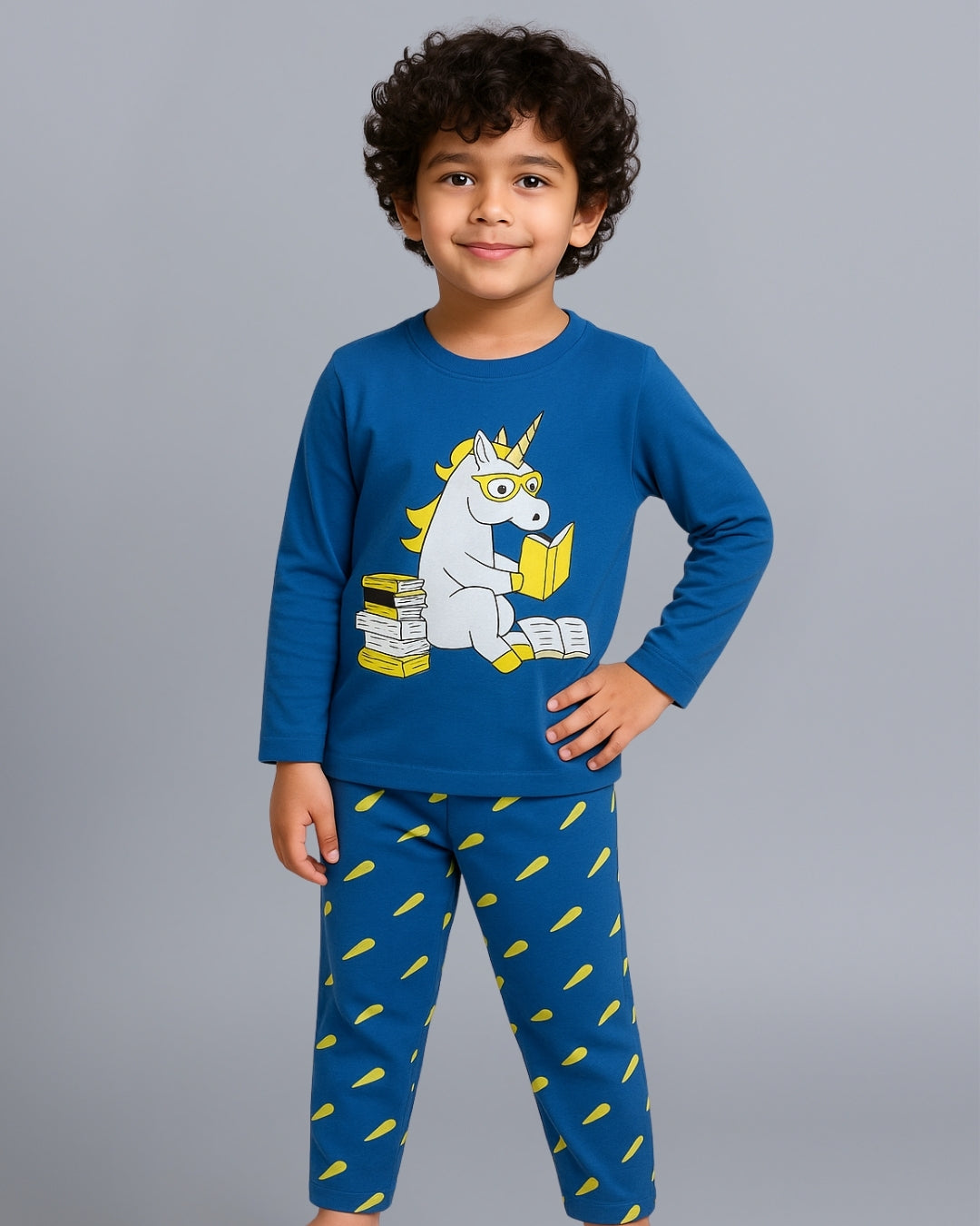Blue Unicorn Printed Cotton Kids Night Suit
