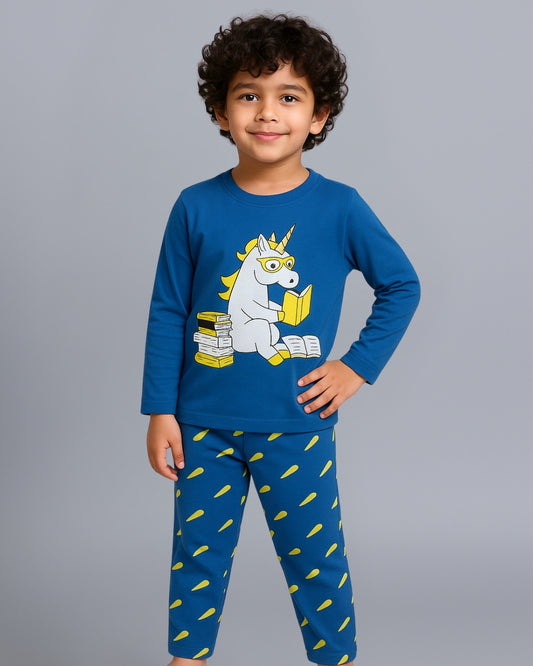 Blue Unicorn Printed Cotton Kids Night Suit