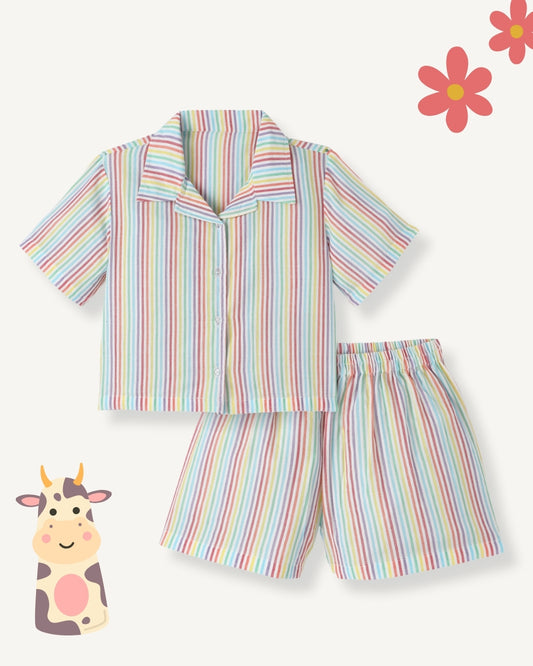 Multicolor Premium Cotton Bio Finish Half Sleeves Stripe Printed Collar Style T-Shirt & Shorts Co-ord Set for Girls