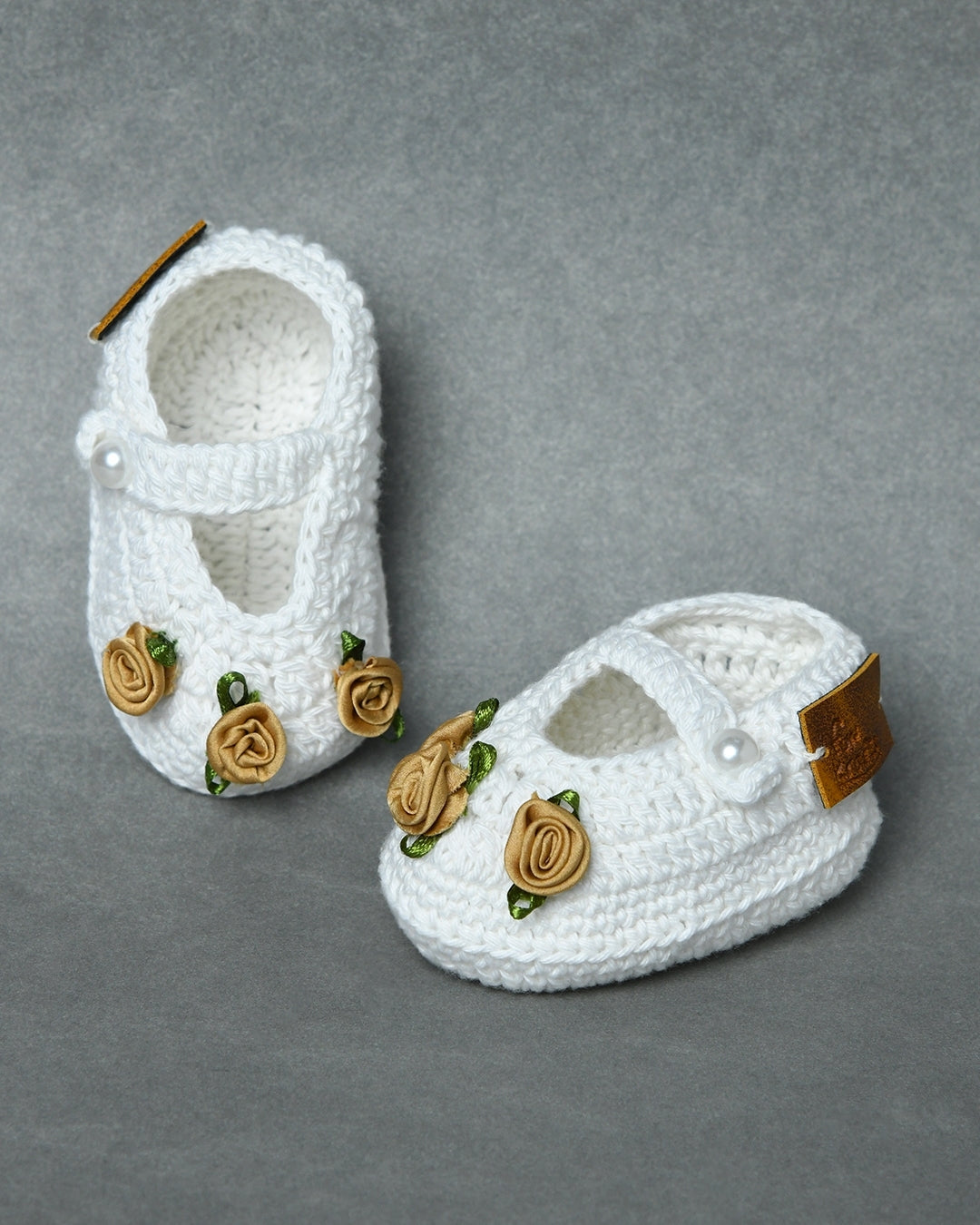 White Handmade Organic Thread Crochet Booties with Beige Floral Embellishment for Girls