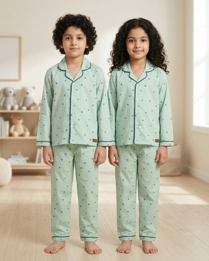 Sea Green Pure Cotton Printed Full Sleeves Collar Night Suit for Kids