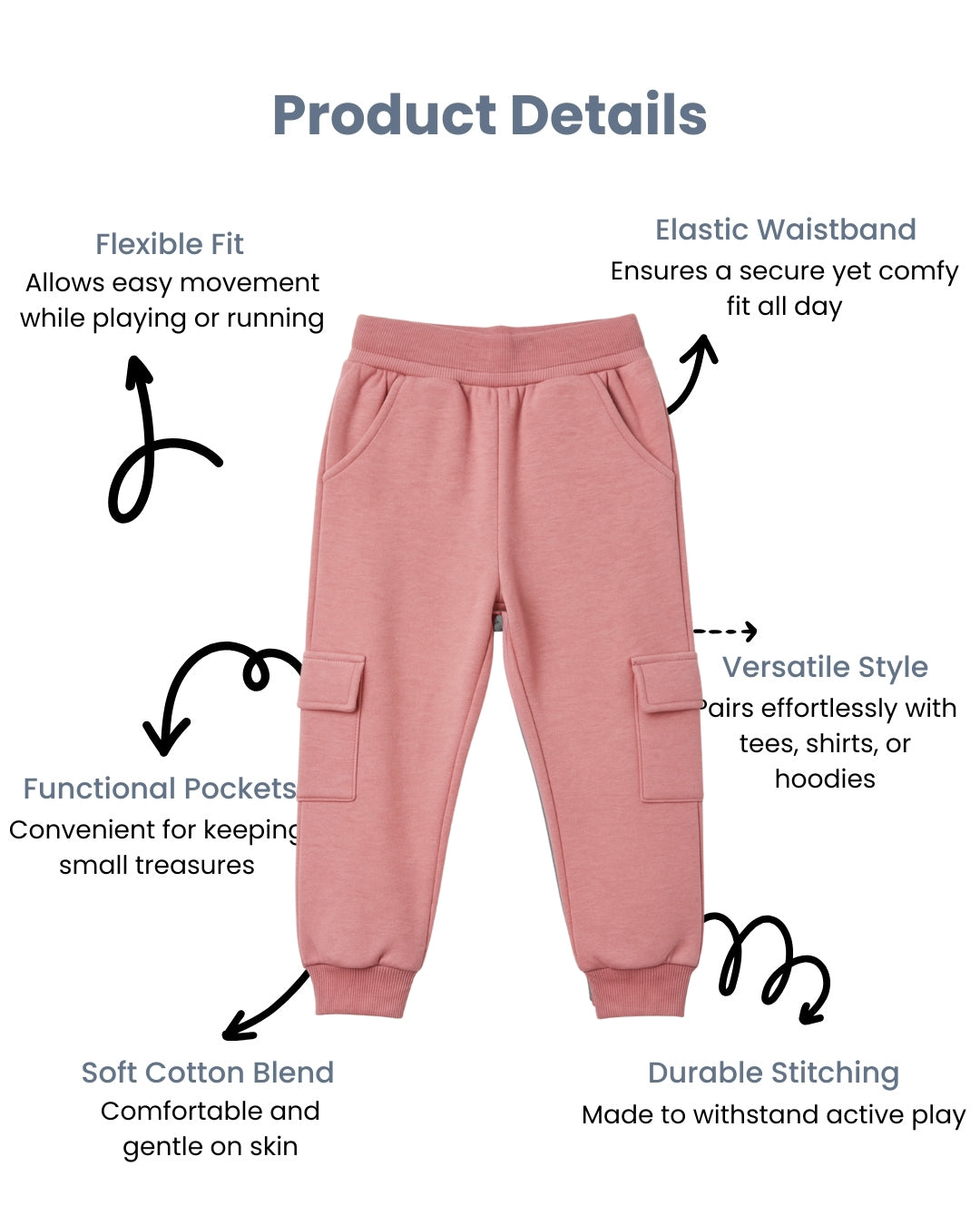 Pink Loop Knit Cotton Cargo Jogger with Pockets for Girls