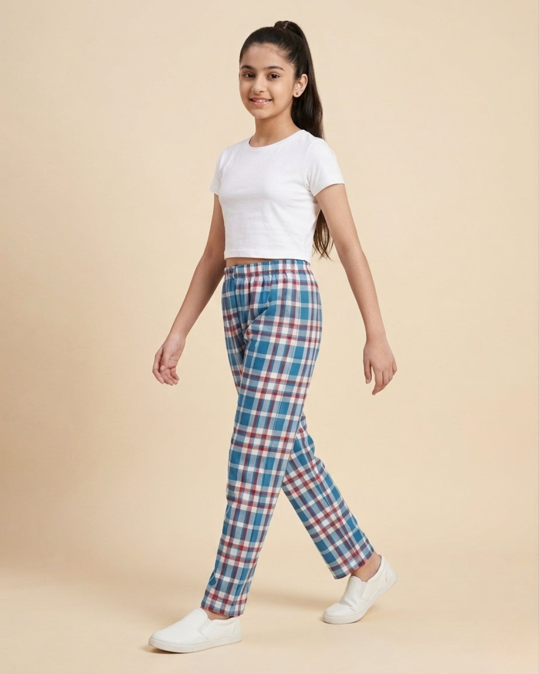 Red & Blue Cotton Woven Full Length Checks Printed Pajama