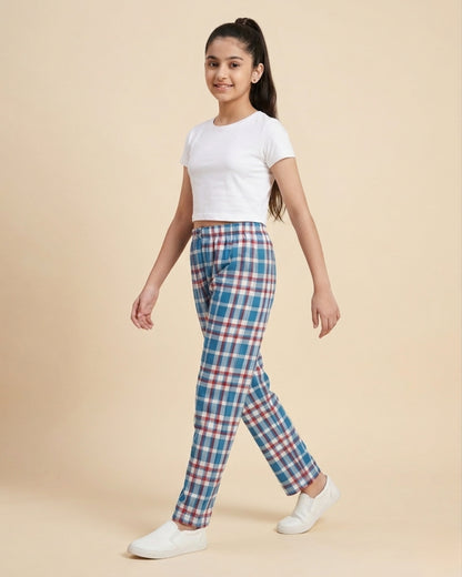 Red & Blue Cotton Woven Full Length Checks Printed Pajama