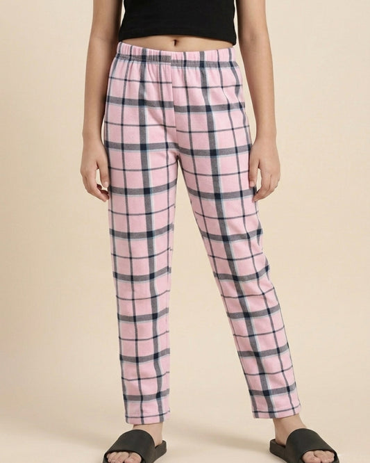 Pink & Blue Cotton Woven Full Length Checks Printed Pajama