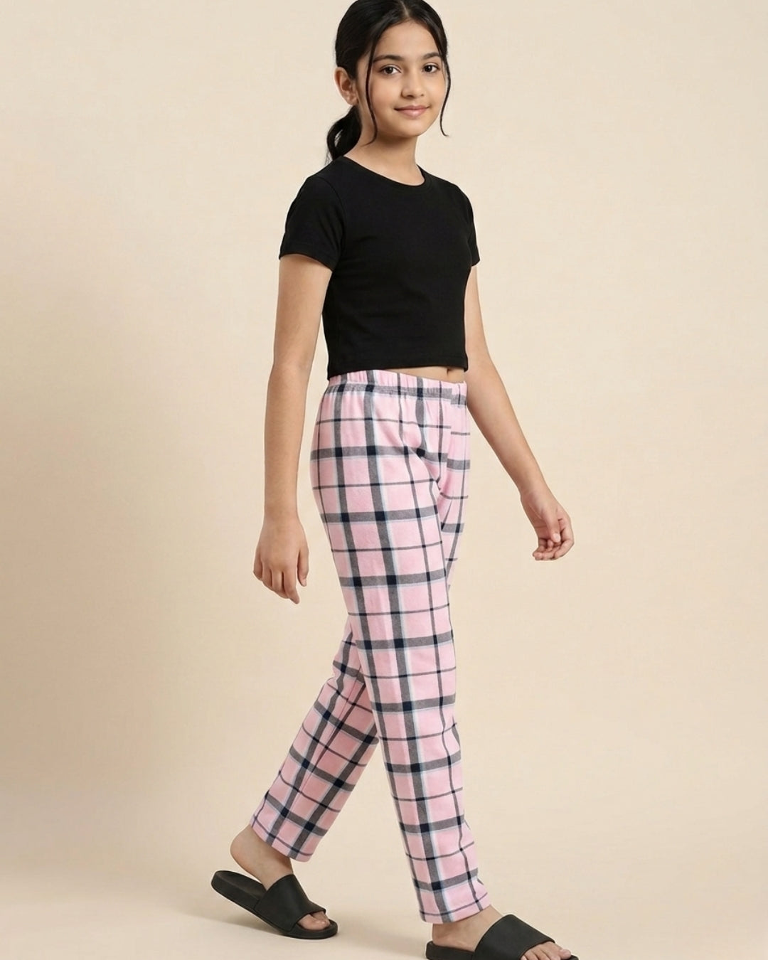 Pink & Blue Cotton Woven Full Length Checks Printed Pajama