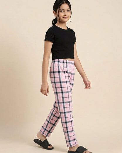 Pink & Blue Cotton Woven Full Length Checks Printed Pajama
