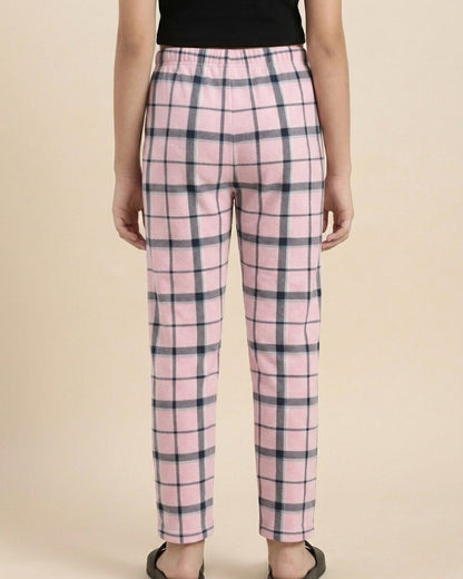 Pink & Blue Cotton Woven Full Length Checks Printed Pajama