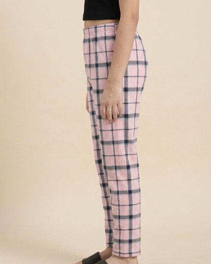 Pink & Blue Cotton Woven Full Length Checks Printed Pajama