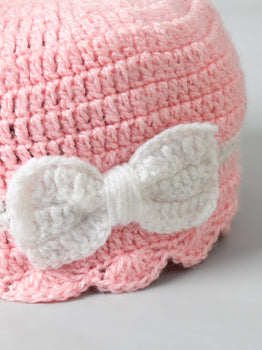 Yellow & White Handmade Woollen Cap with Bow for Girls