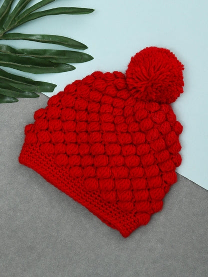 Red Handmade Soft Woolen Pom Pom Cap for Kids