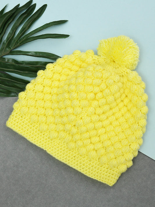 Yellow Handmade Soft Woolen Pom Pom Cap for Kids
