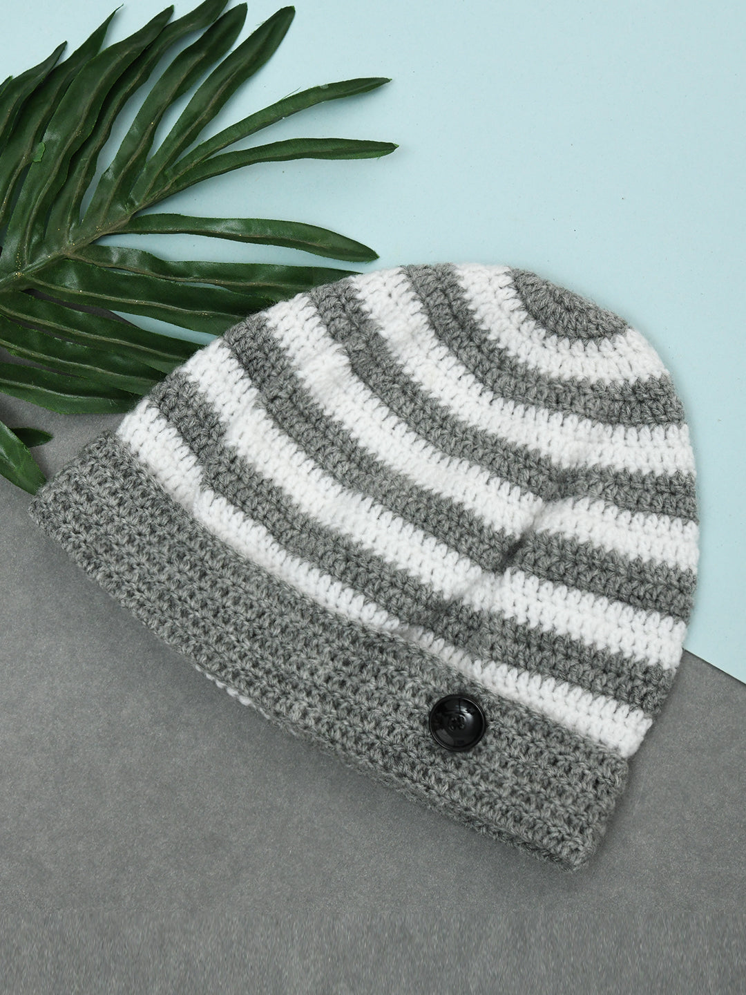 Grey & White Stripes Handmade Soft Woollen Winter Caps for Kids