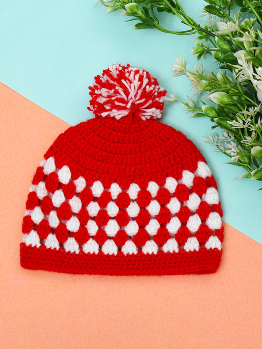 Red & White Handmade Soft Woolen Pom Pom Cap for Kids