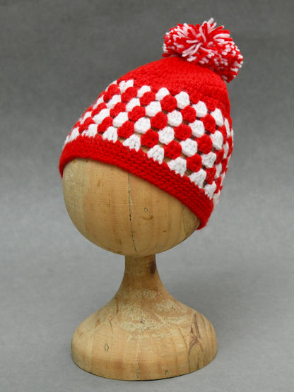 Red & White Handmade Soft Woolen Pom Pom Cap for Kids