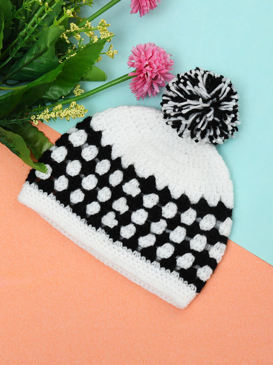 Black & White Handmade Soft Woolen Pom Pom Cap for Kids