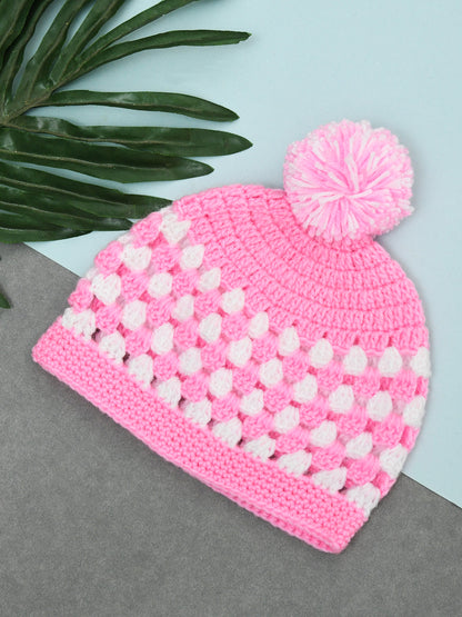 Pink & White Handmade Soft Woolen Pom Pom Cap for Kids