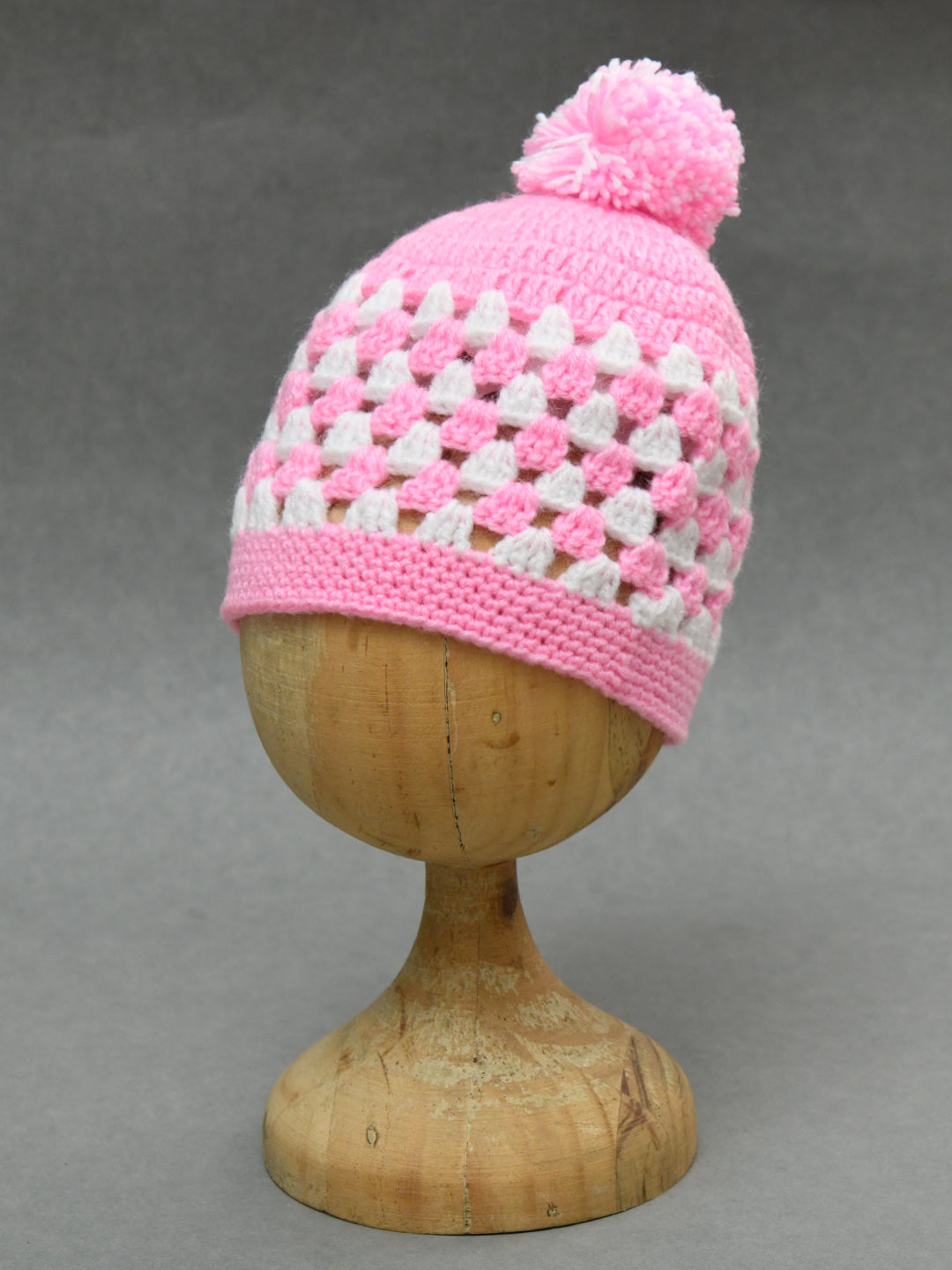 Pink & White Handmade Soft Woolen Pom Pom Cap for Kids
