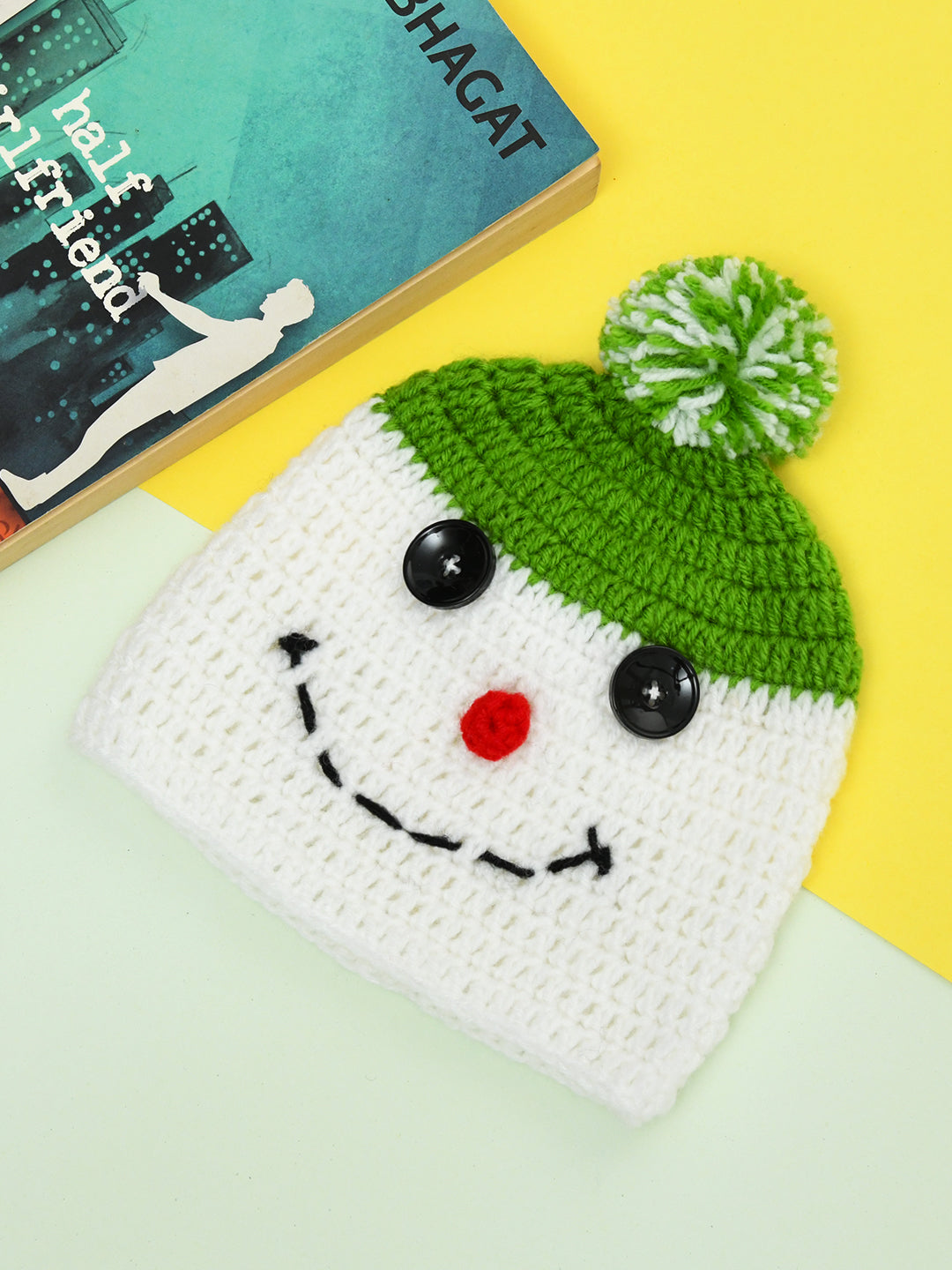 Green & White Handmade Soft Woolen Pom Pom Cap for Kids