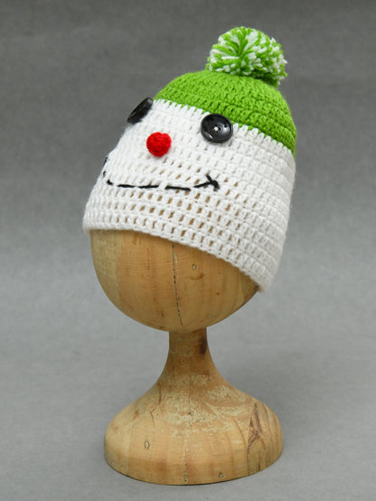 Green & White Handmade Soft Woolen Pom Pom Cap for Kids