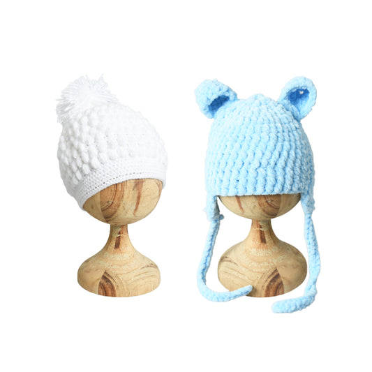 Pack of 2 White & Blue Soft Woolen Cap for Kids
